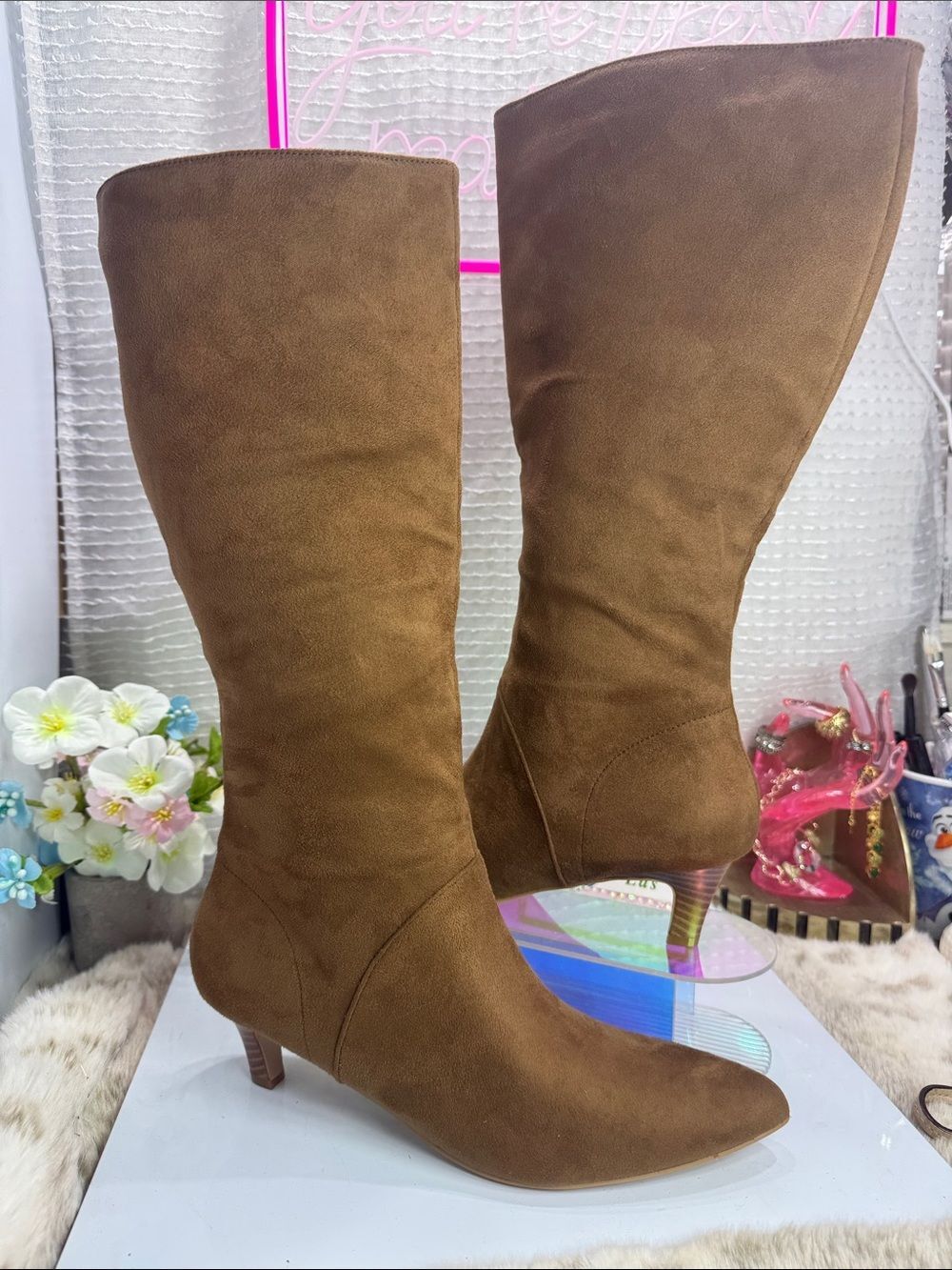 (X4)Coutgo women broum suede knee-high boots with a small heel and pointed toe,8